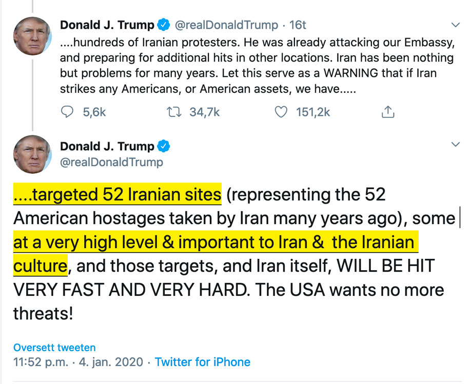 Donald Trump truer Iran på twitter 4. januar 2020.