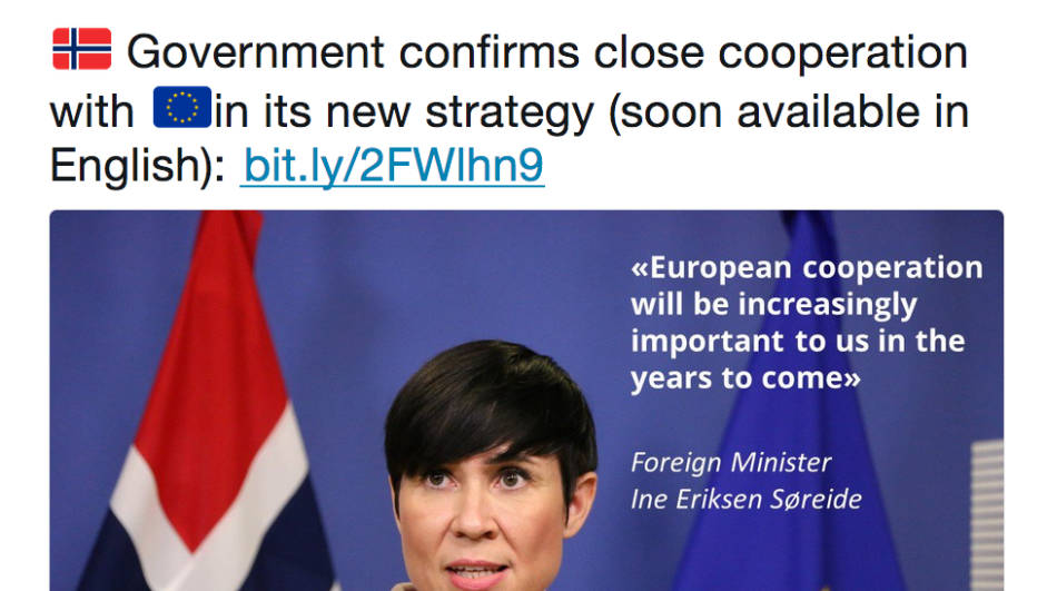 Utenriksminister Eriksen Søreide har lenge drømt om å få Norge inn i EDF – og PESCO. Twittermelding fra regjeringa 29.05.2018.