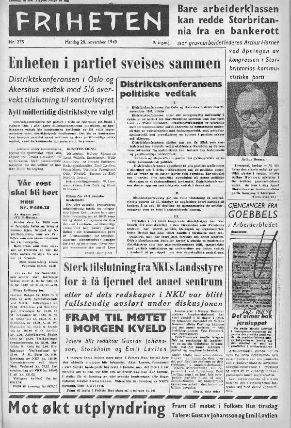 Friheten 28.11.1949. Oppgjøret med partifraksjonen «det annet sentrum» foregikk midt under den heftigste kommunisthetsen. CC BY-NC-ND Faksimile fra Nasjonalbiblioteket.